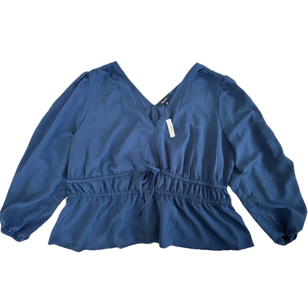 NEW Madewell Blue Ruched V-Neck Balloon Sleeve Long Sleeve Top Women's Plus 3X